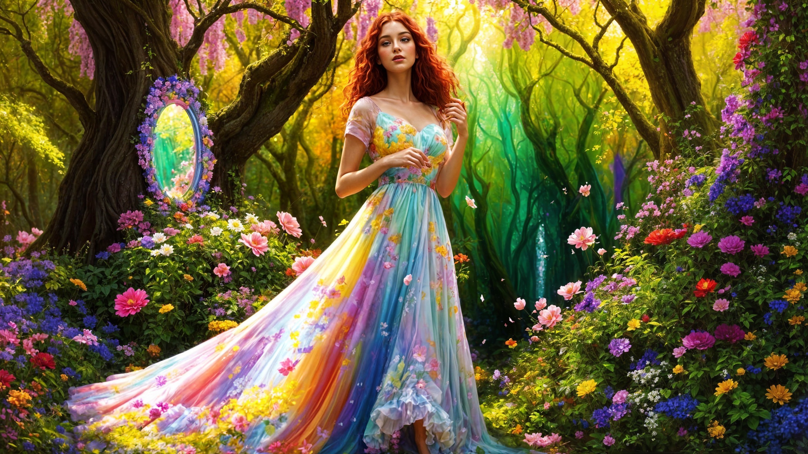 Enchanted forest scene with colorful floral gown