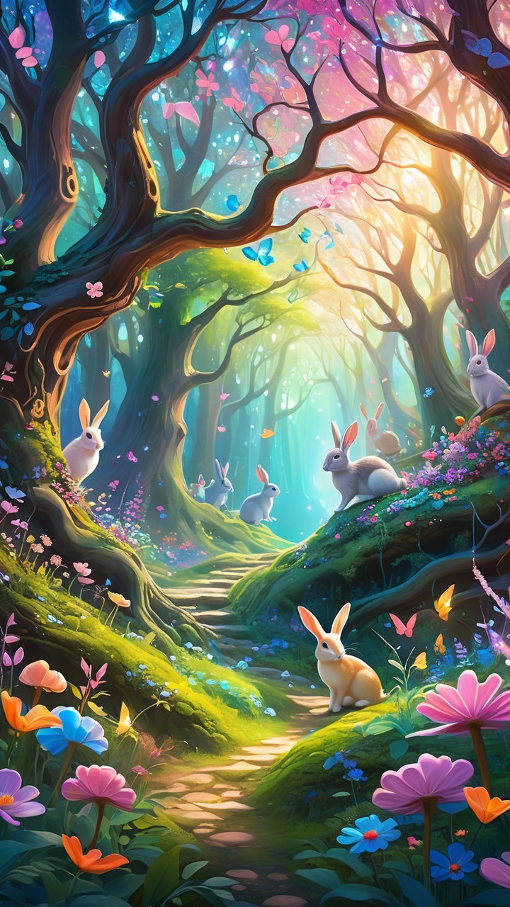 Whimsical Forest of Flowers and Playful Bunnies