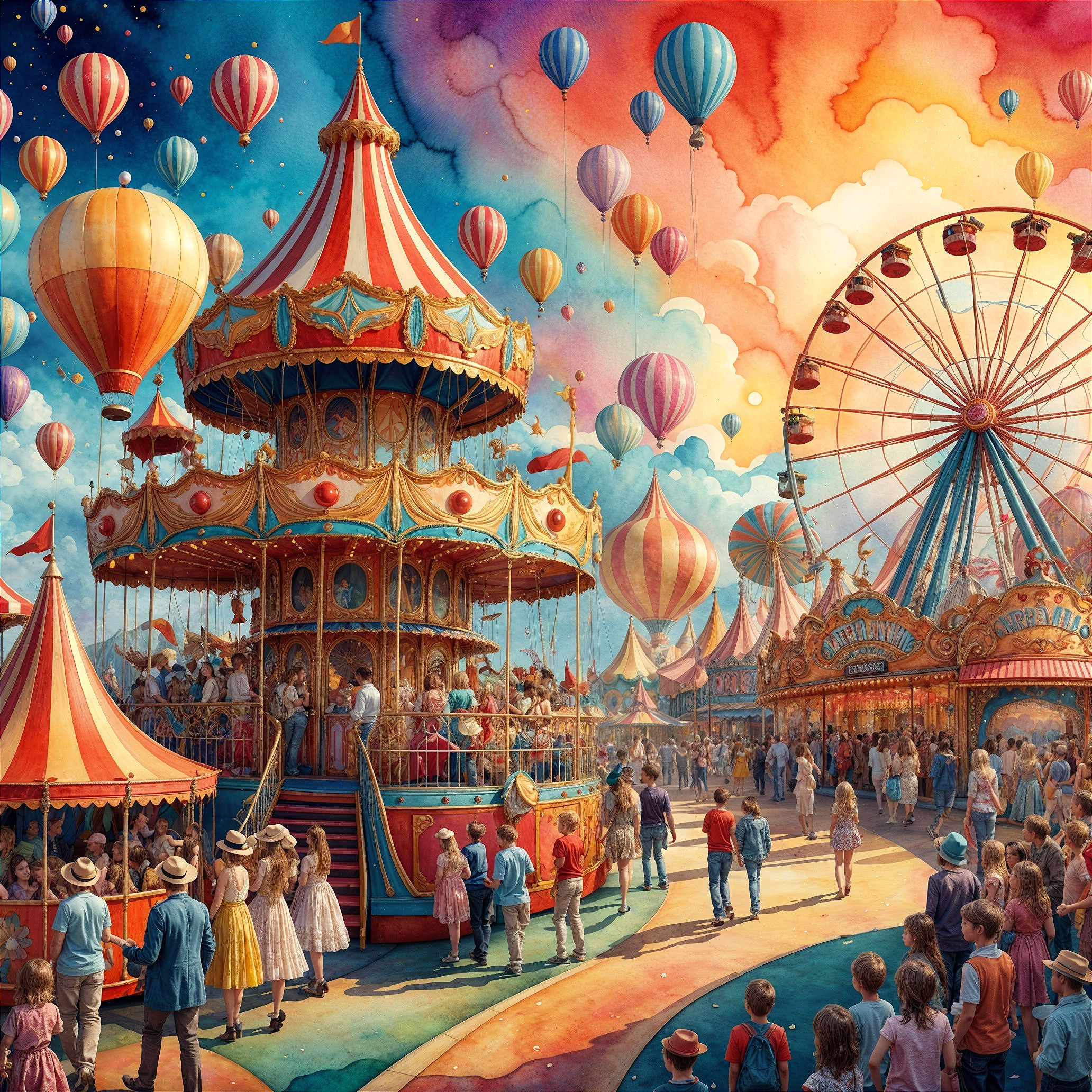 Carnival Scene with Colorful Balloons and Attractions