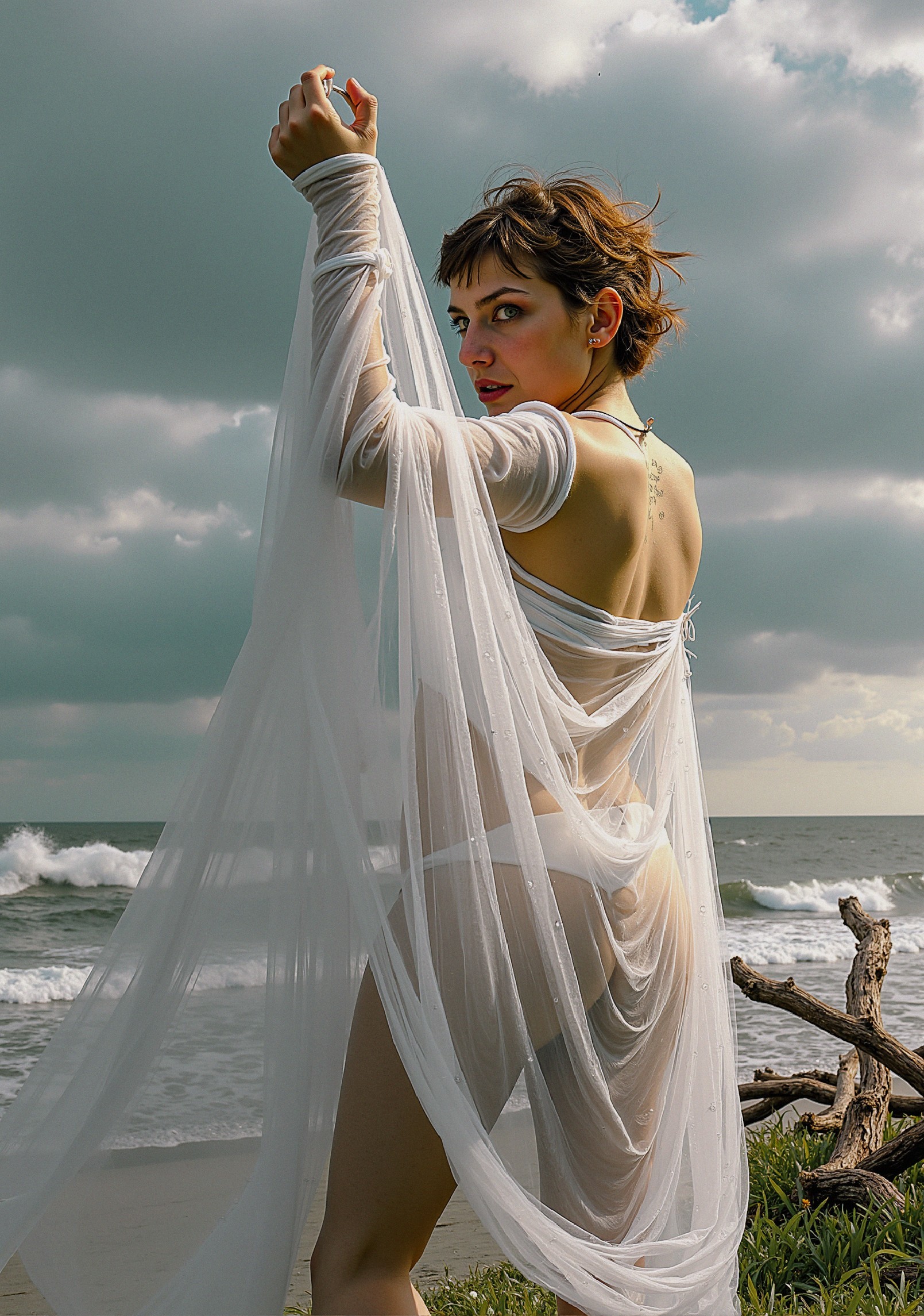 Ethereal Figure on Beach in Flowing Fabric with Waves