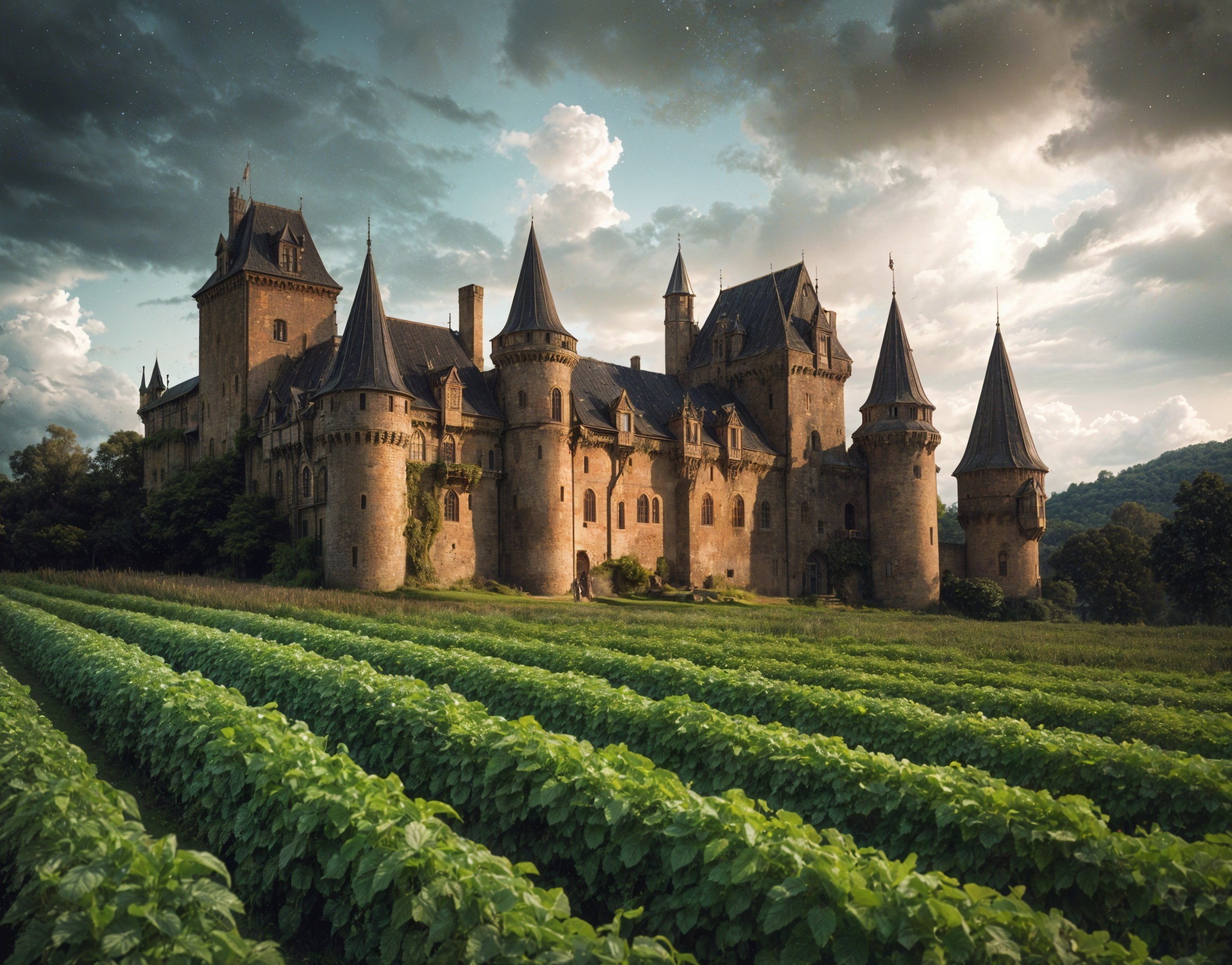 Majestic castle among lush vineyards and dramatic skies