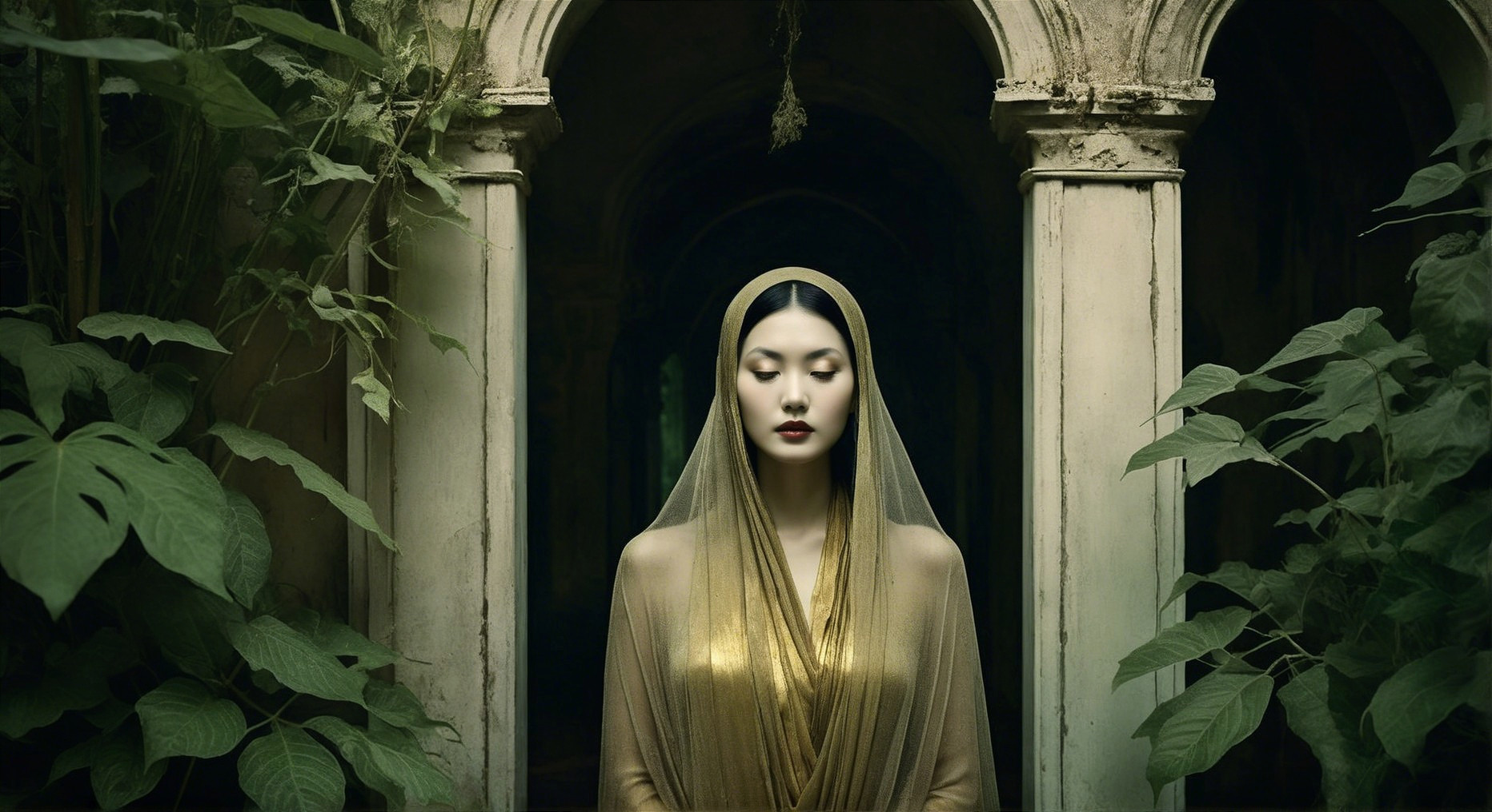 Serene Figure in Golden Garment Amidst Lush Nature