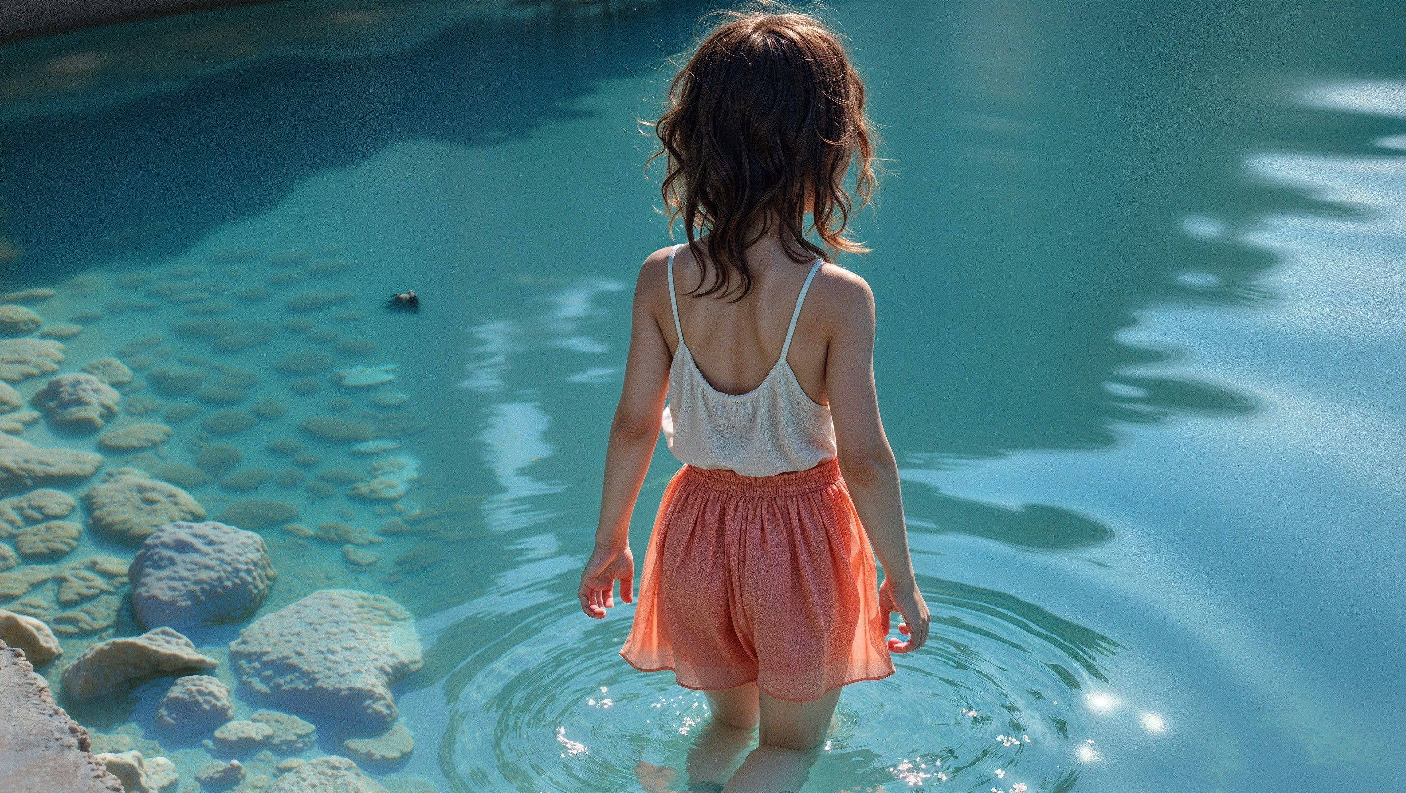 Child in Shallow Water Surrounded by Light Stones