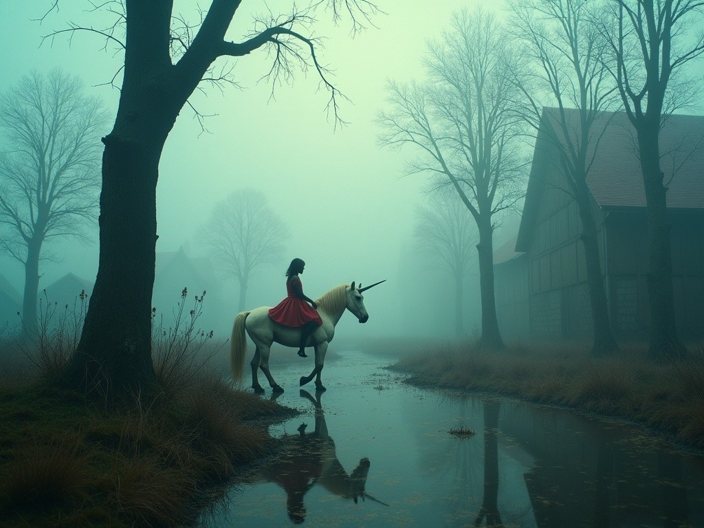 Misty Landscape with Figure on Unicorn by Stream