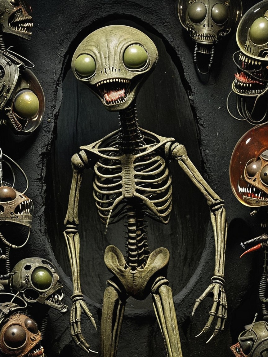 Whimsical Alien Figure in Dark Textured Environment