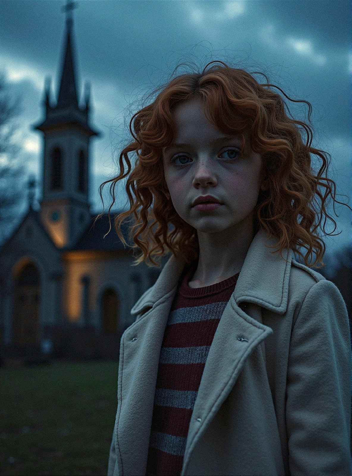 Cinematic Full Body Shot of a Freckled Girl in Churchyard