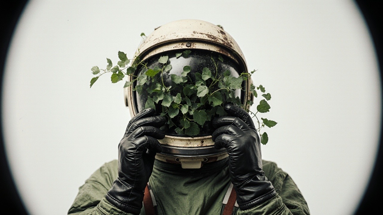 Astronaut with Antique Helmet Surrounded by Green Leaves