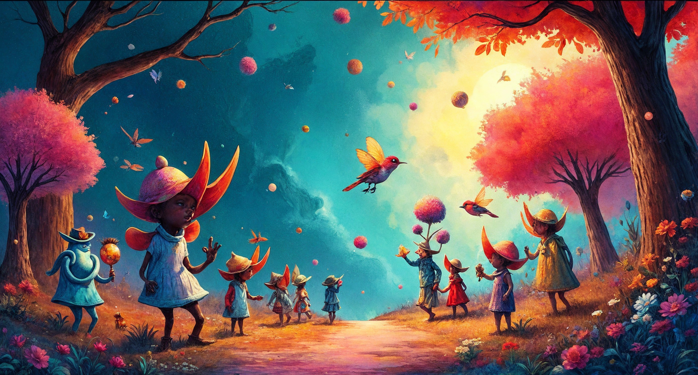 Whimsical Forest Scene with Colorful Trees and Creatures