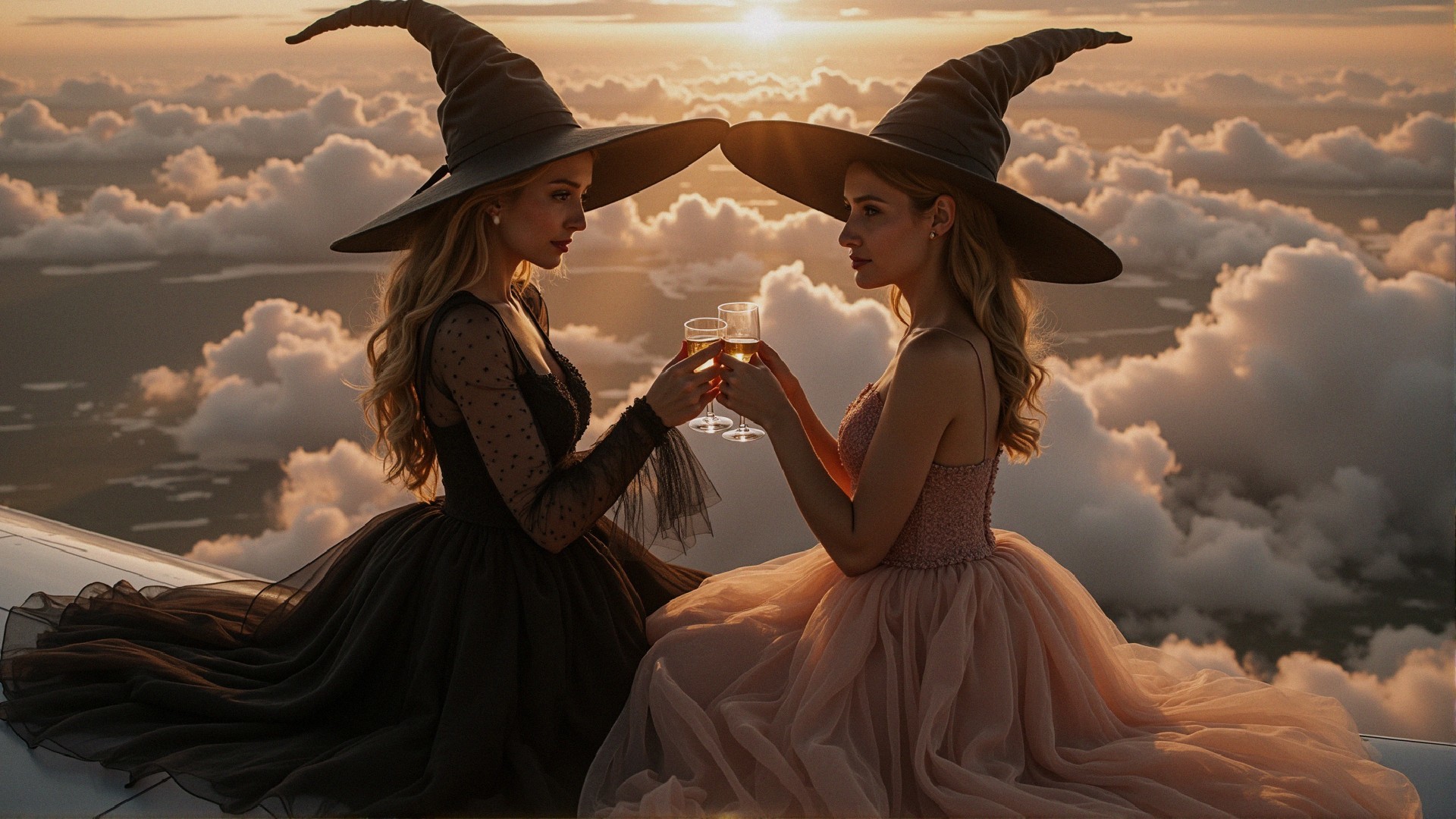 Witches Toasting on a Cloudy Landscape at Sunset
