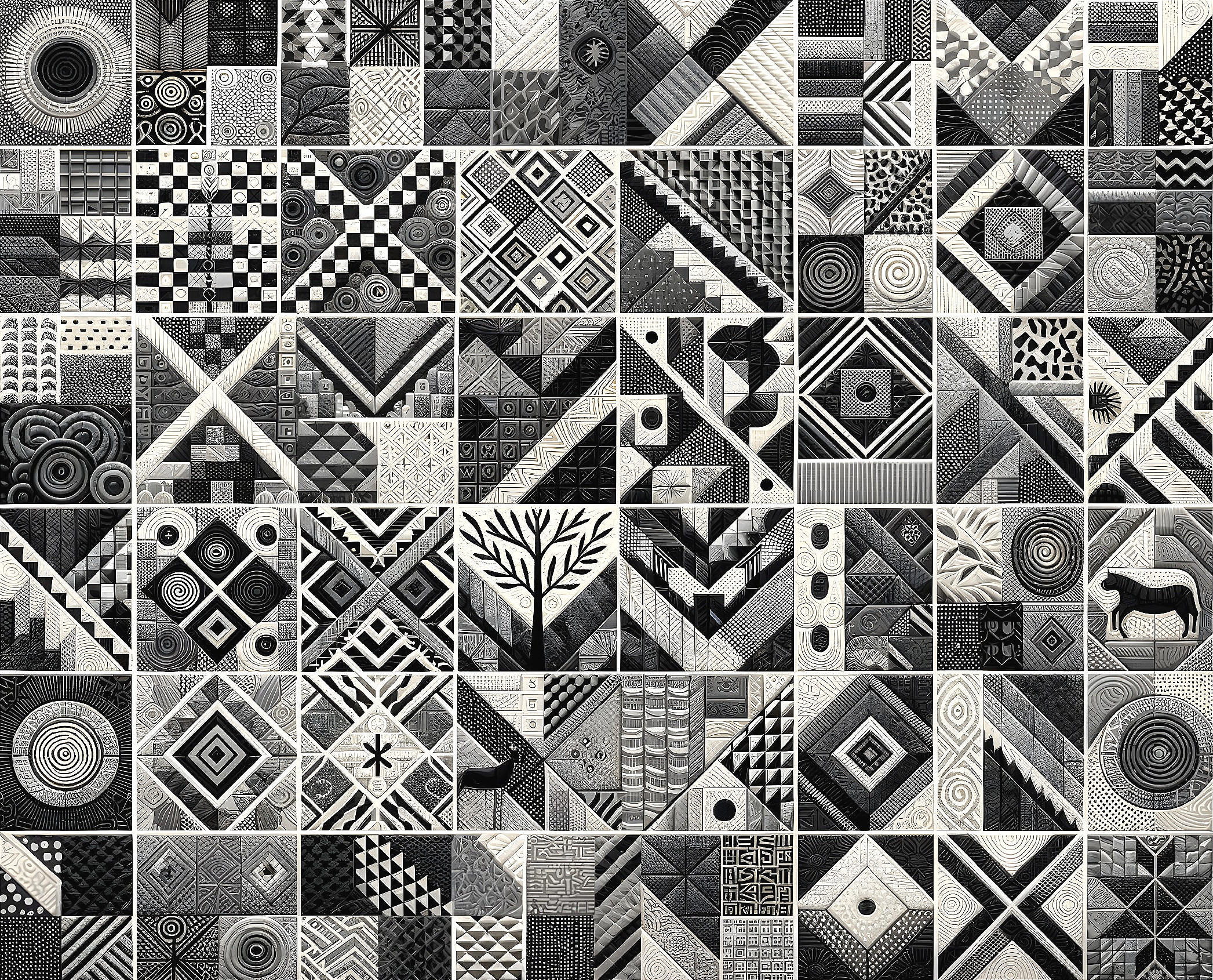 Mosaic of Black and White Patterns and Silhouettes