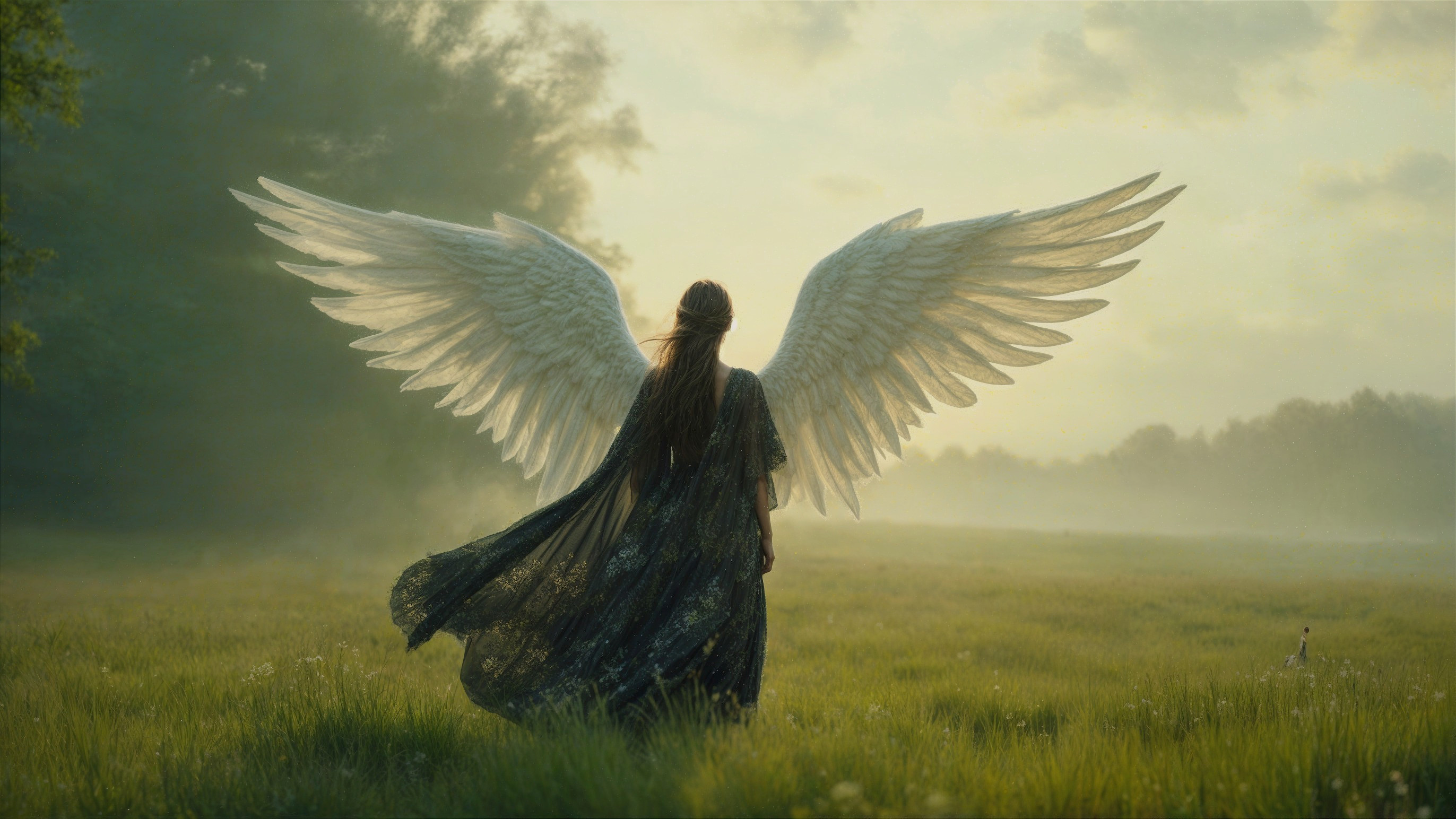 Serene landscape with a figure and majestic wings