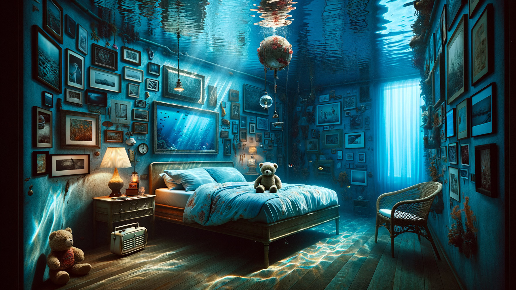 Underwater Bedroom with Cozy Decor and Aquatic Life