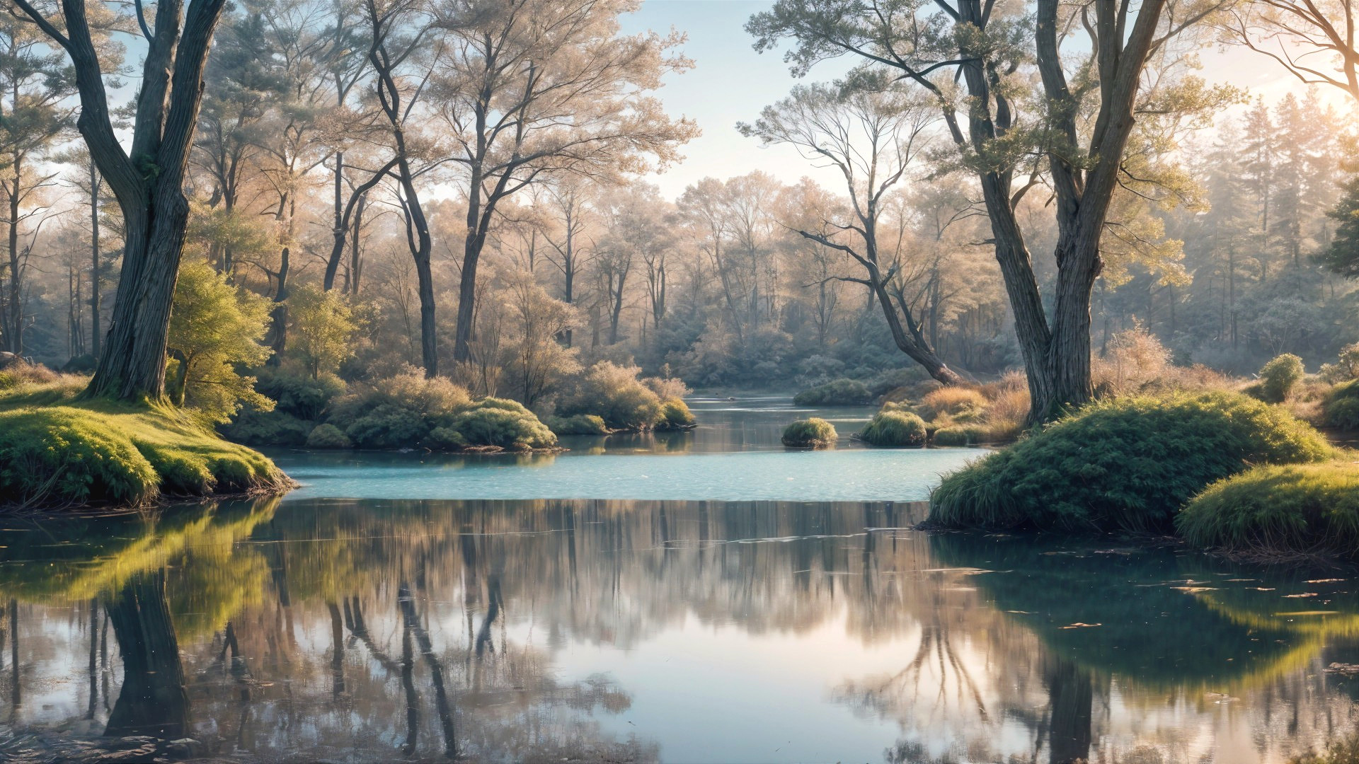 Serene Lake Surrounded by Lush Greenery and Mist