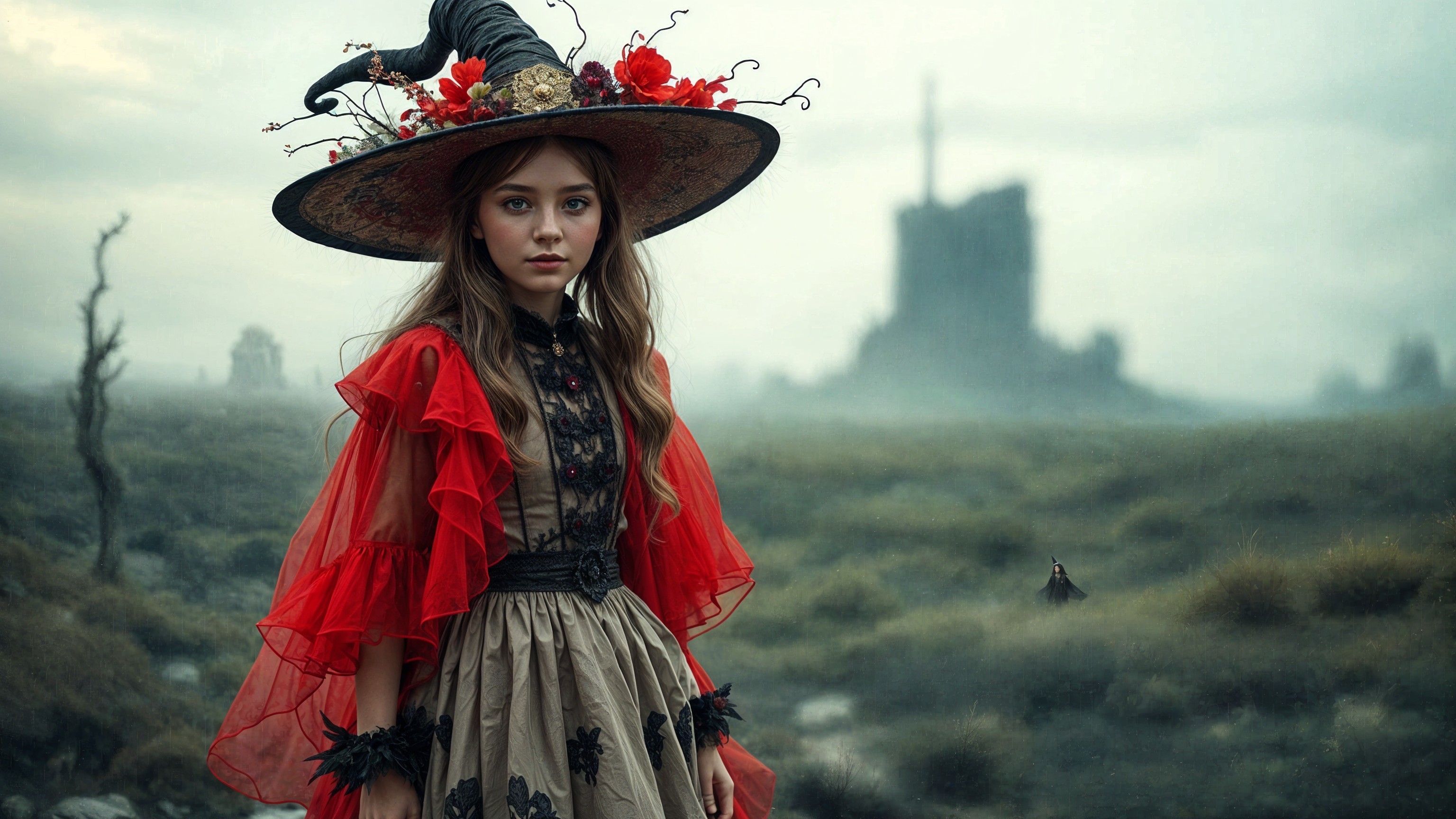 Young Woman in Witch Hat in Enchanted Landscape