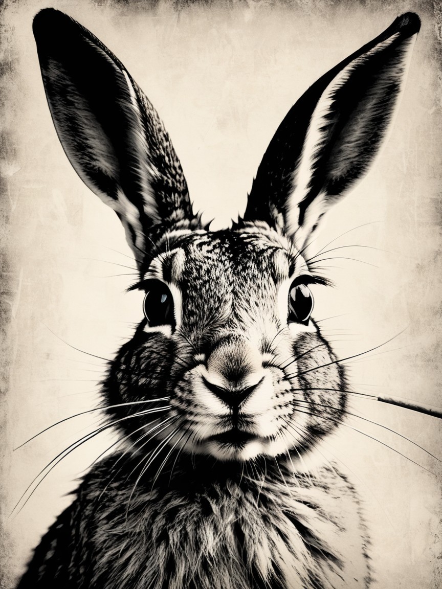 Close-Up Portrait of a Black and White Rabbit
