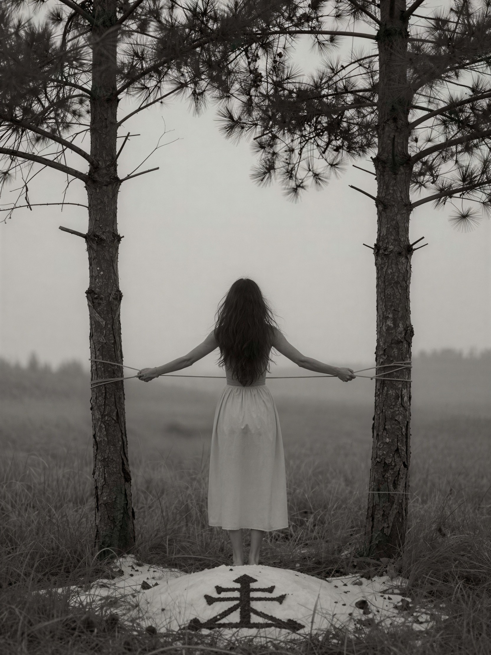 Black and white shot of a woman tied between pine trees