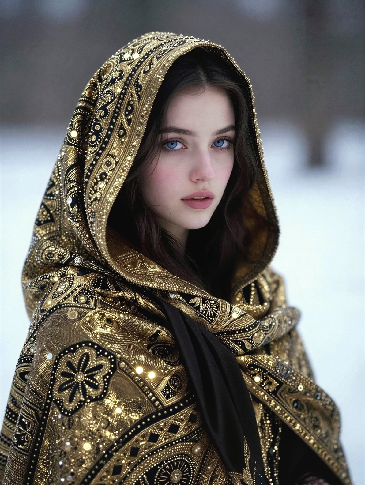 Young Woman in Black Dress with Traditional Shawl