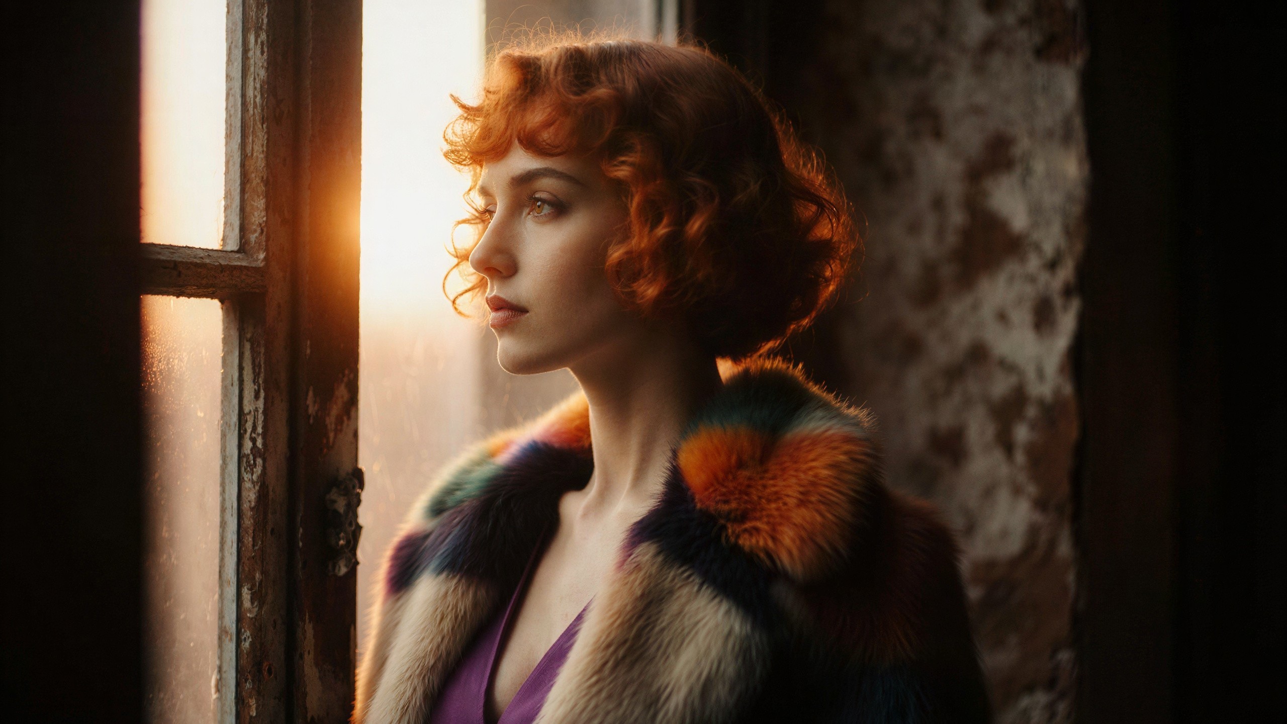 Profile of a Woman with Curly Red Hair by Window