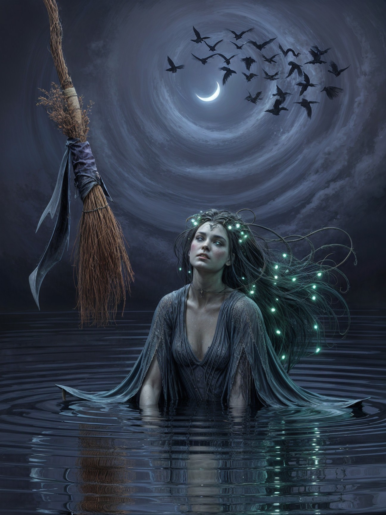 Woman in flowing gown emerges from dark waters at night