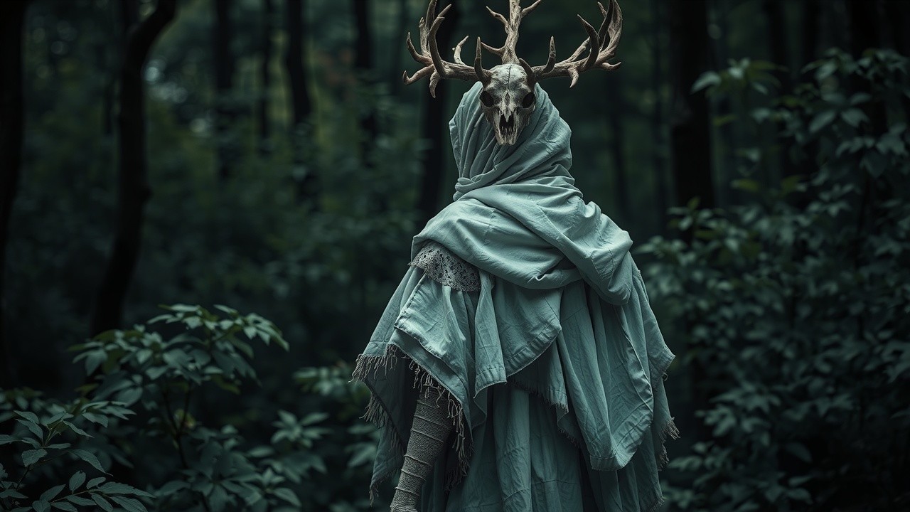 Haunting Figure in Forest with Deer Skull and Antlers