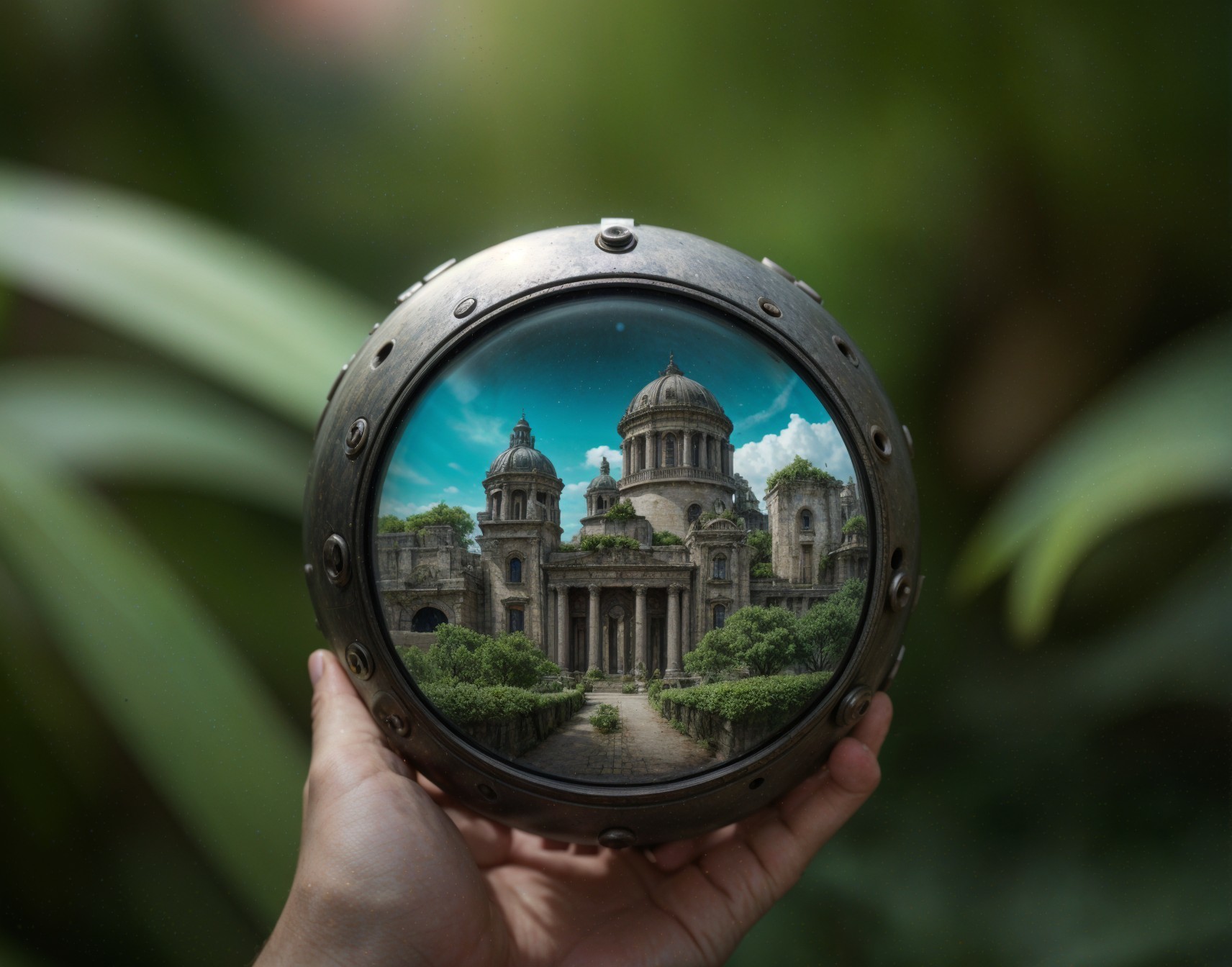 Metallic Frame Showcasing Idyllic Ancient Building Scene