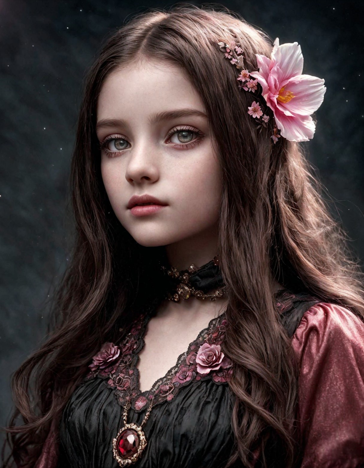 Young girl in dark dress with floral accents and flower