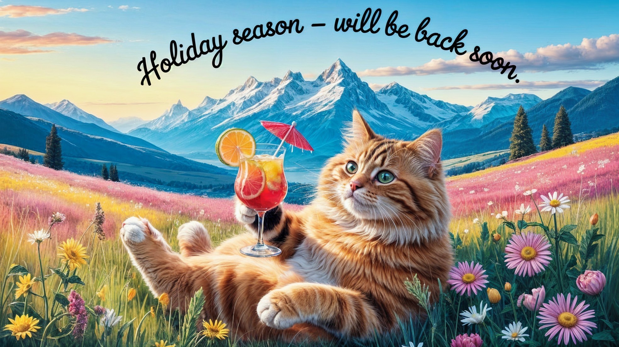 Ginger Cat in Colorful Flower Field with Drink