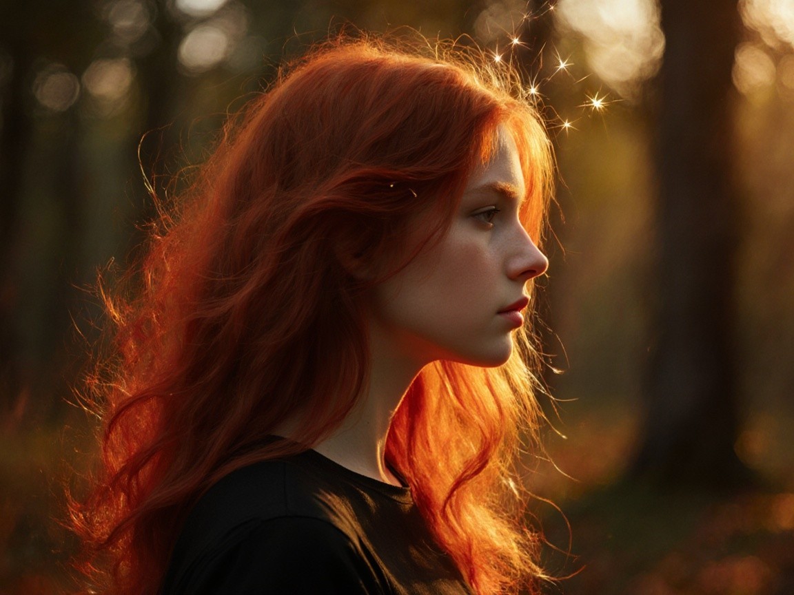 Young woman with red hair in a forest setting