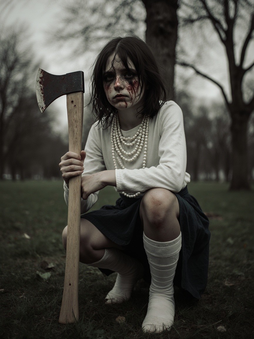 Young girl in eerie park with axe and dark makeup
