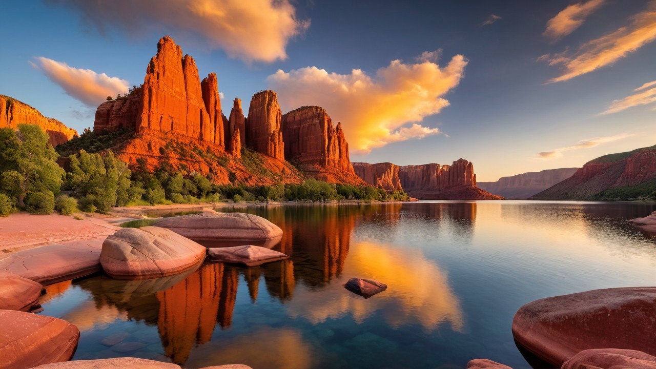 Red Rock Formations Reflected in Sunset Lake Scene