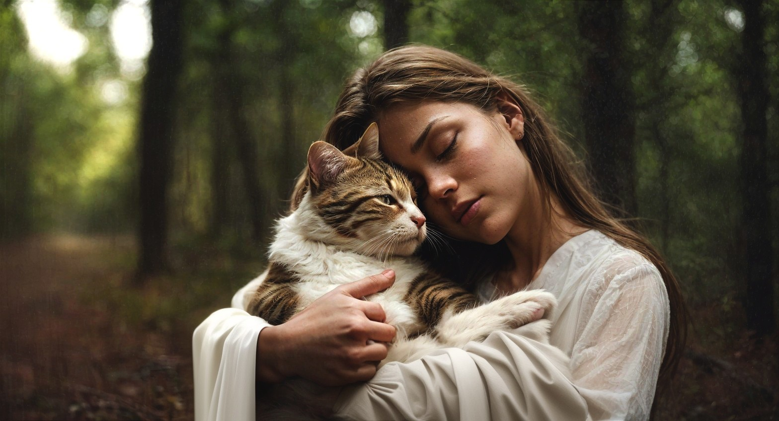 Young Woman Embraces Tabby Cat in Serene Forest