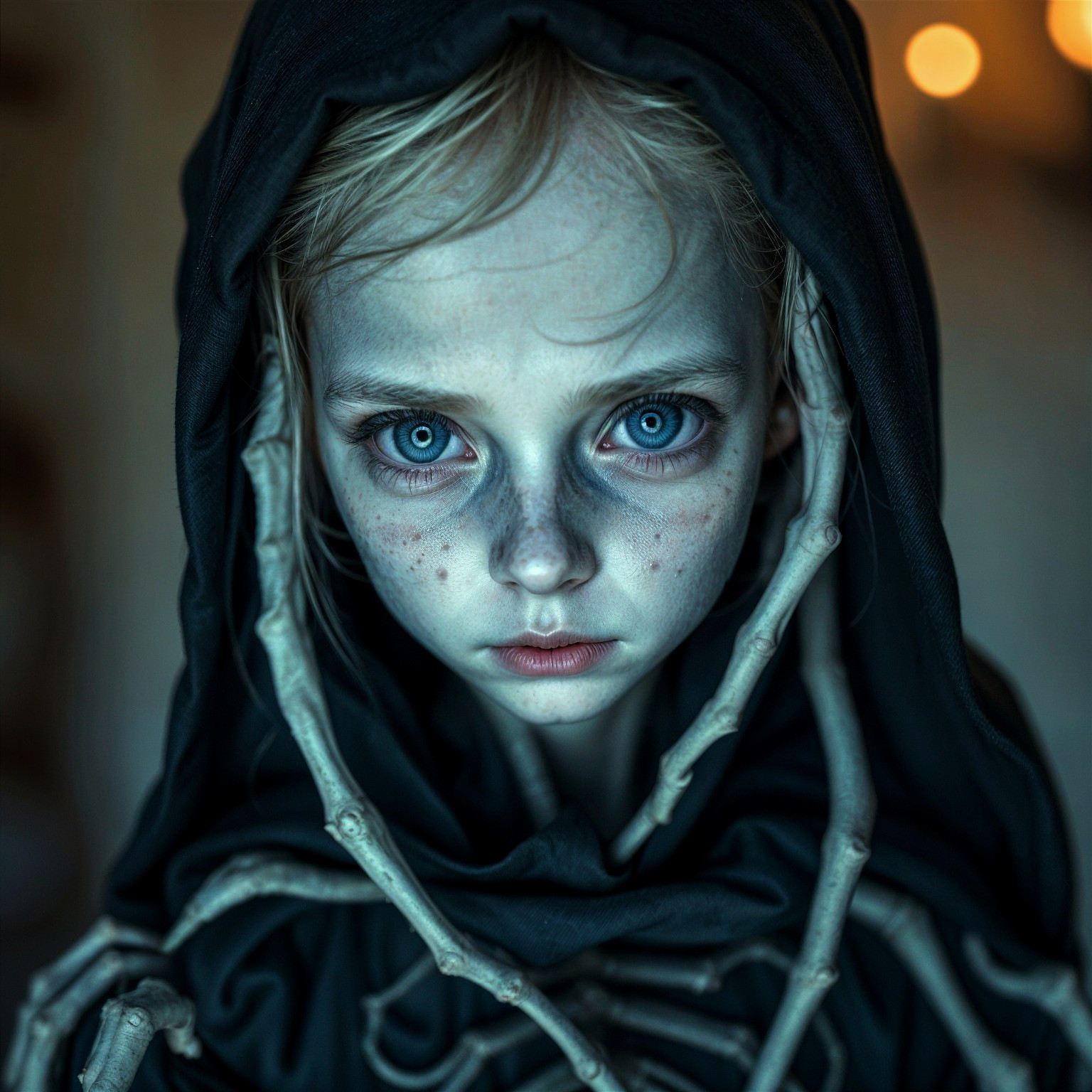 Young Child with Blue Eyes in Dark Hood and Shadows