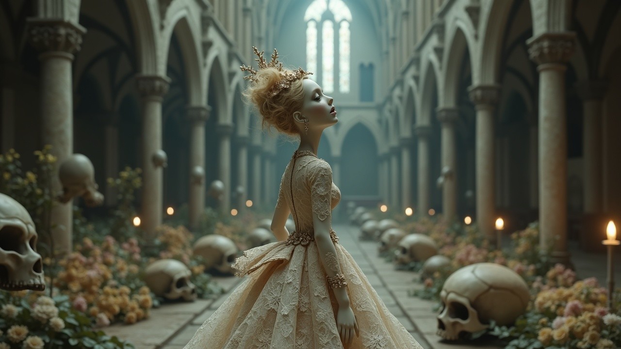 Porcelain Figure in Cathedral Surrounded by Skulls and Flowers