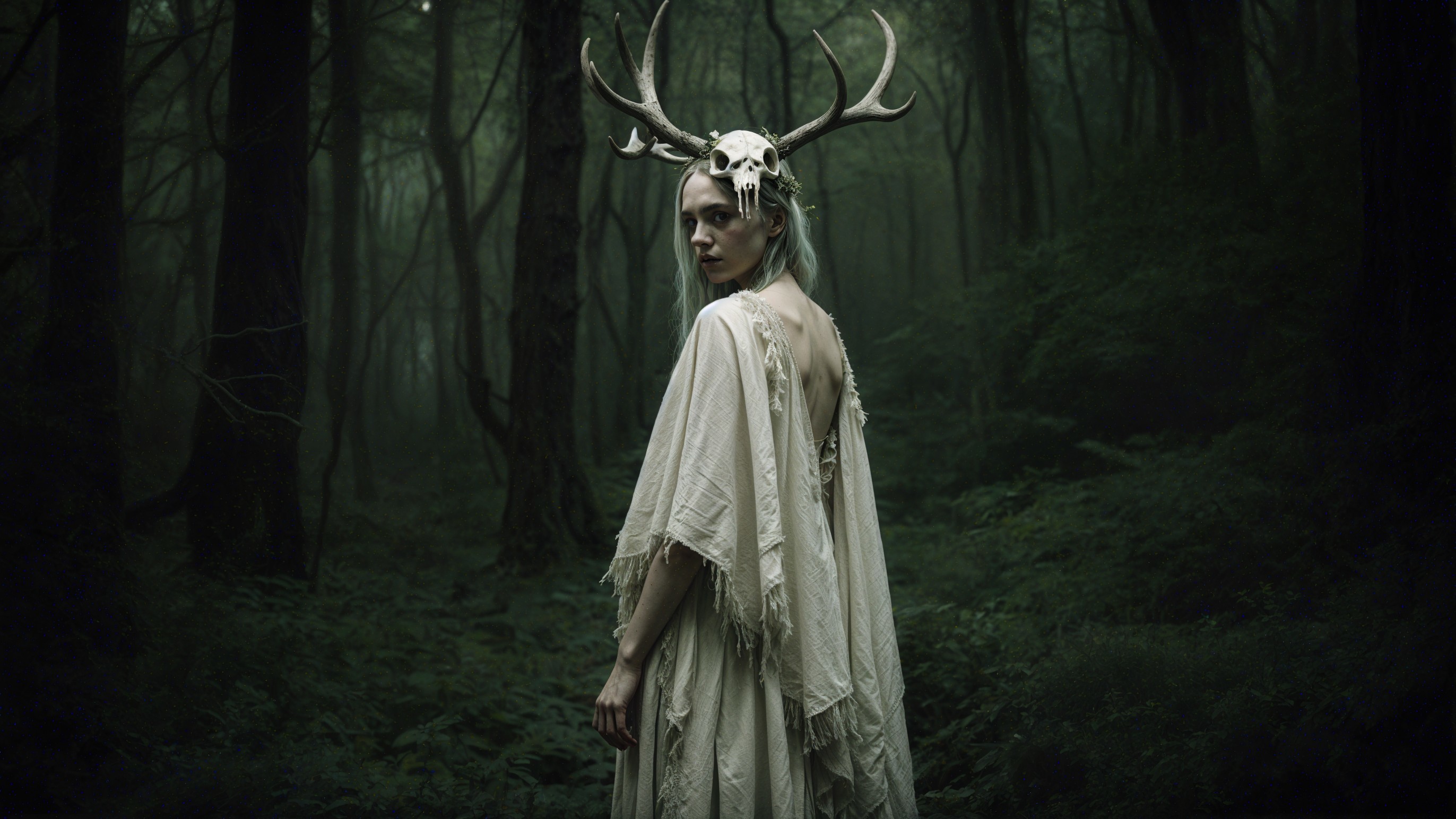 Mystical Forest Scene with Woman in Ethereal Gown