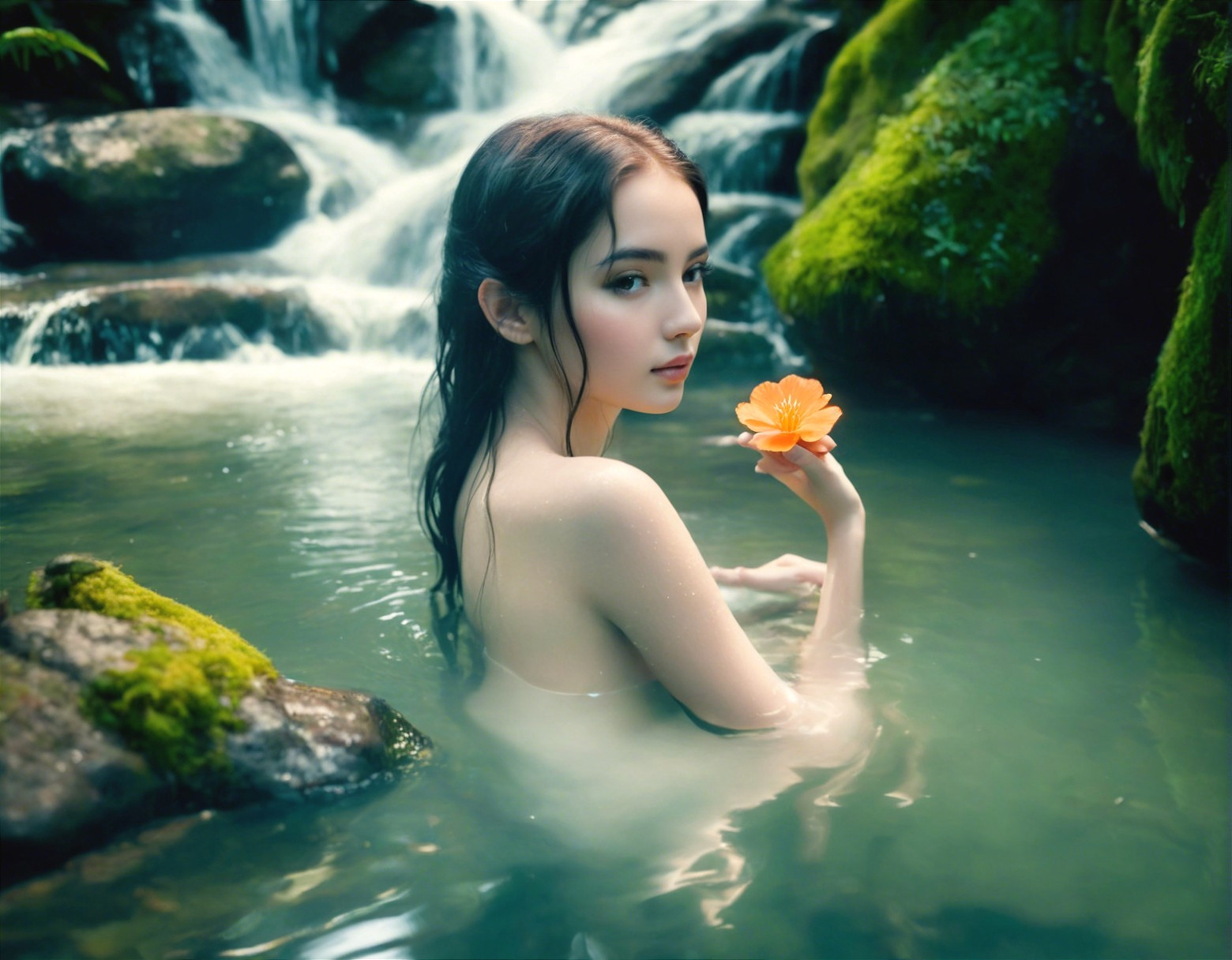 Young Woman in Tranquil Pool Surrounded by Nature