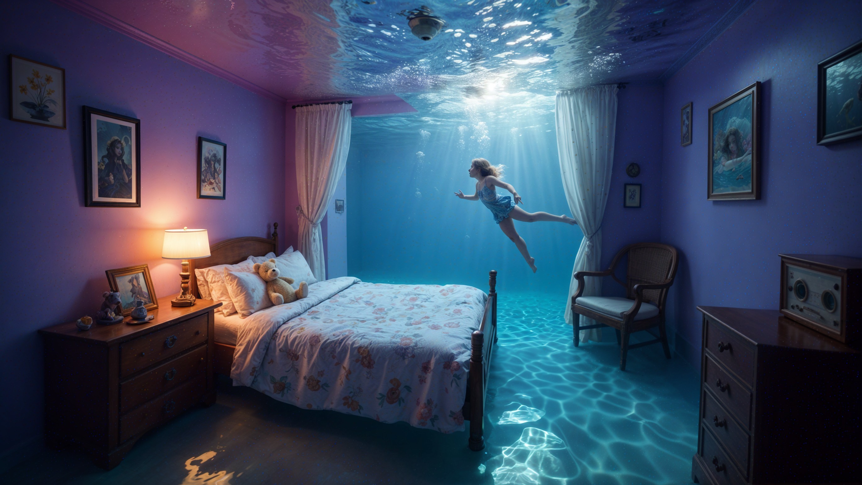Surreal Underwater Bedroom with Lavender Walls