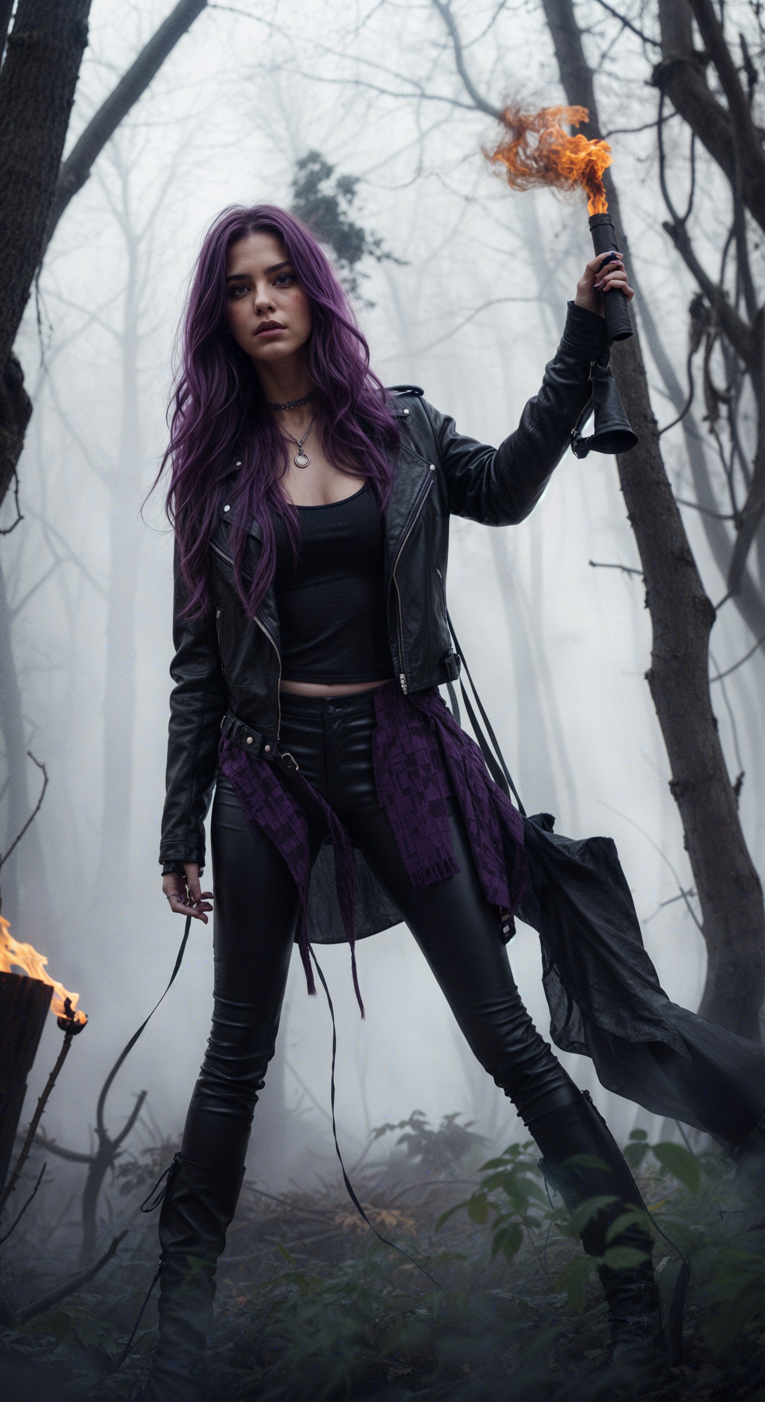 Confident Young Woman in Misty Forest with Torch