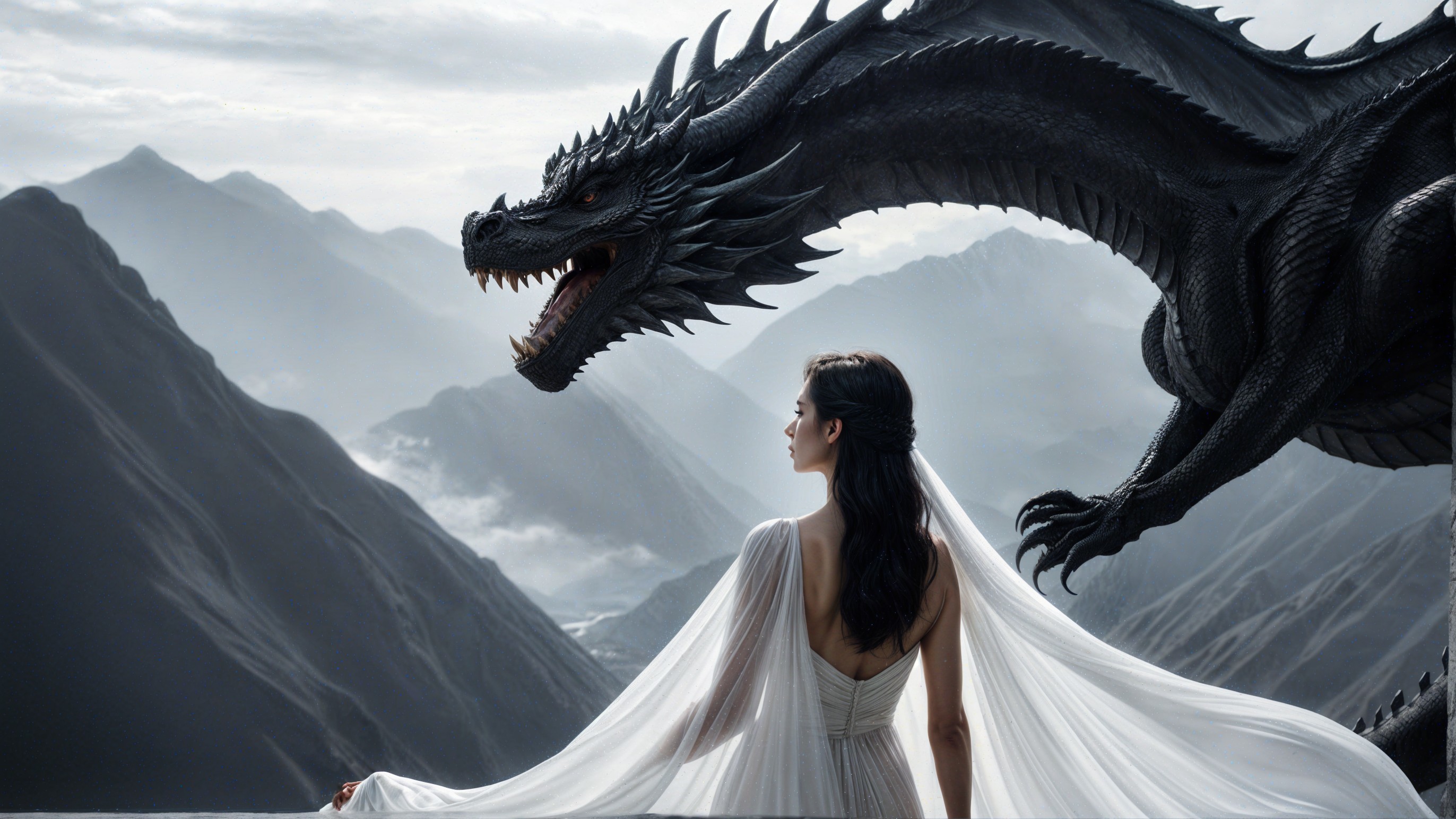 Woman in White Dress with Black Dragon on Mountain