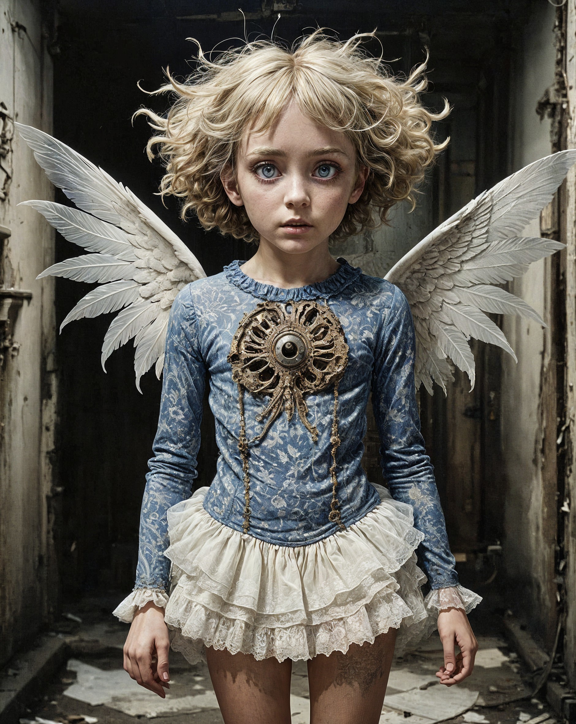 Child in Decaying Space with Ethereal Wings and Outfit