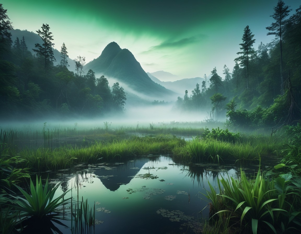Tranquil Lake Surrounded by Misty Mountains and Forests