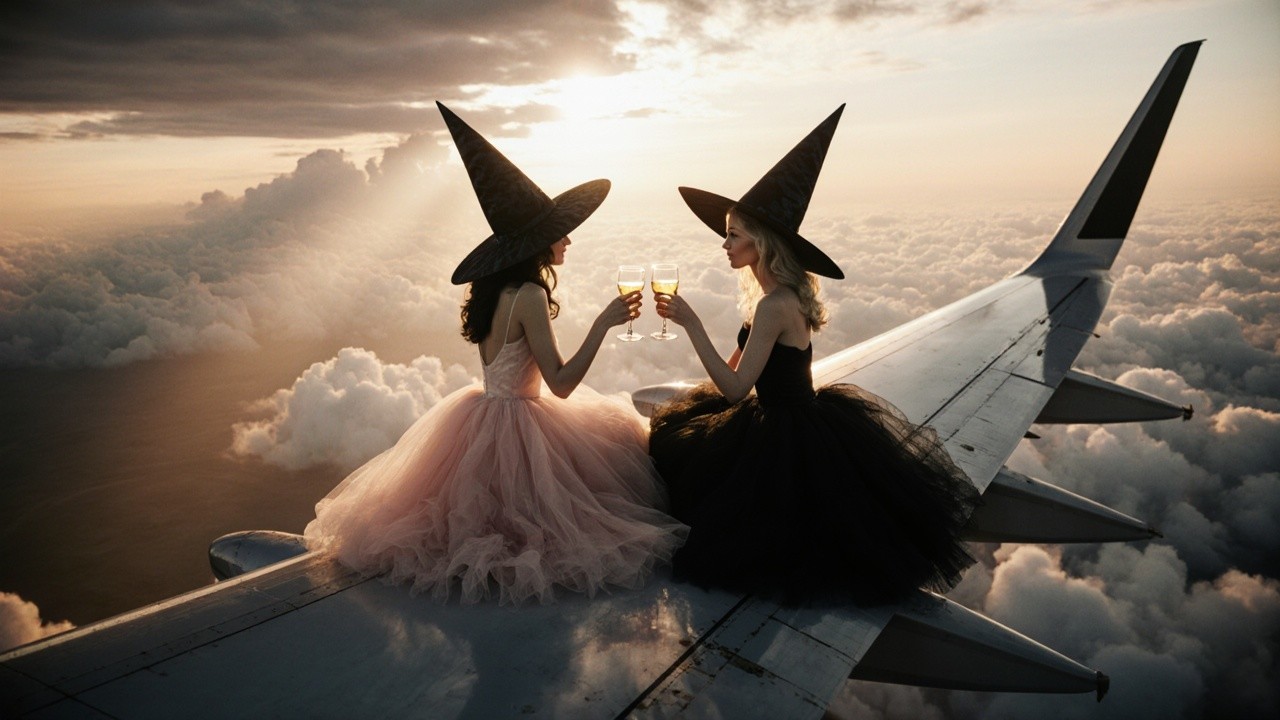 Elegant Women Toasting on Airplane Wing at Sunset