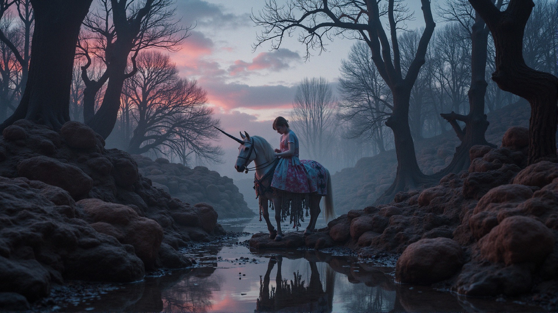 Girl in vibrant dress rides unicorn in foggy landscape