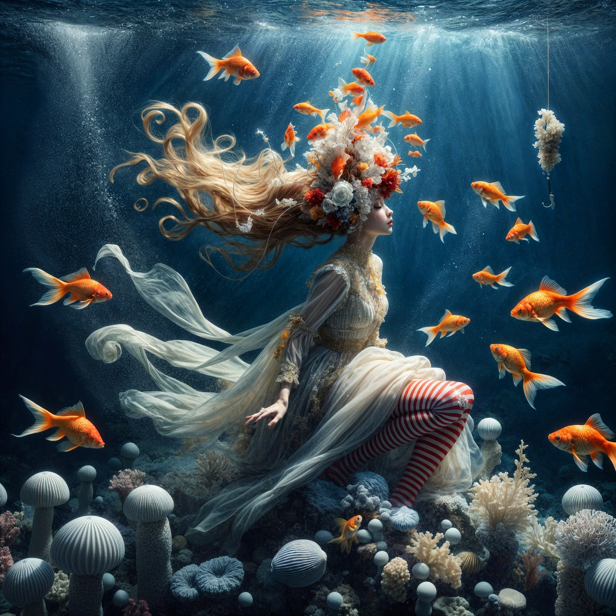 Ethereal Underwater Scene with Colorful Goldfish
