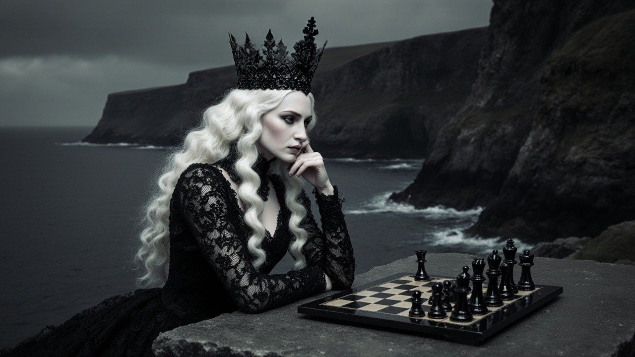 Regal figure in dark dress at chessboard by coastline