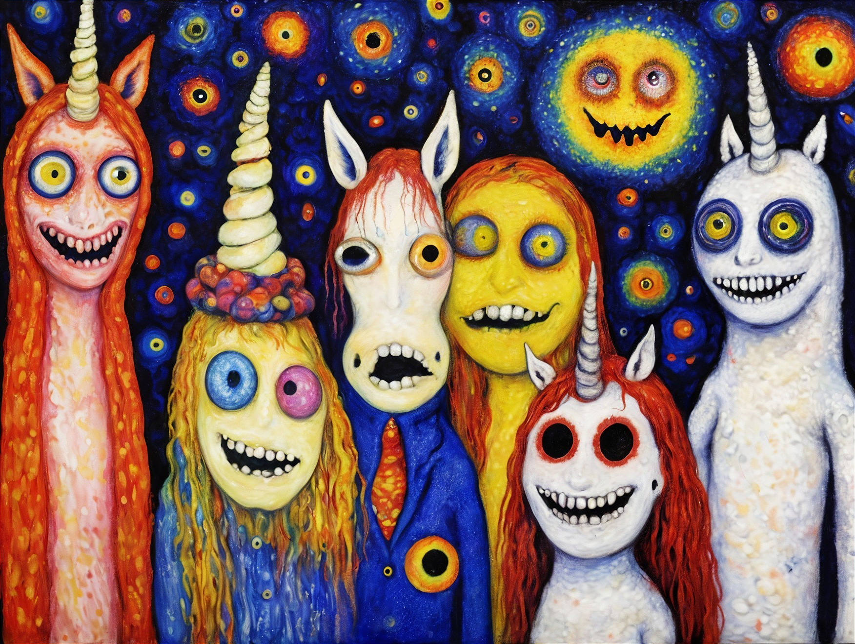 Whimsical Characters in a Starry Night Sky Scene