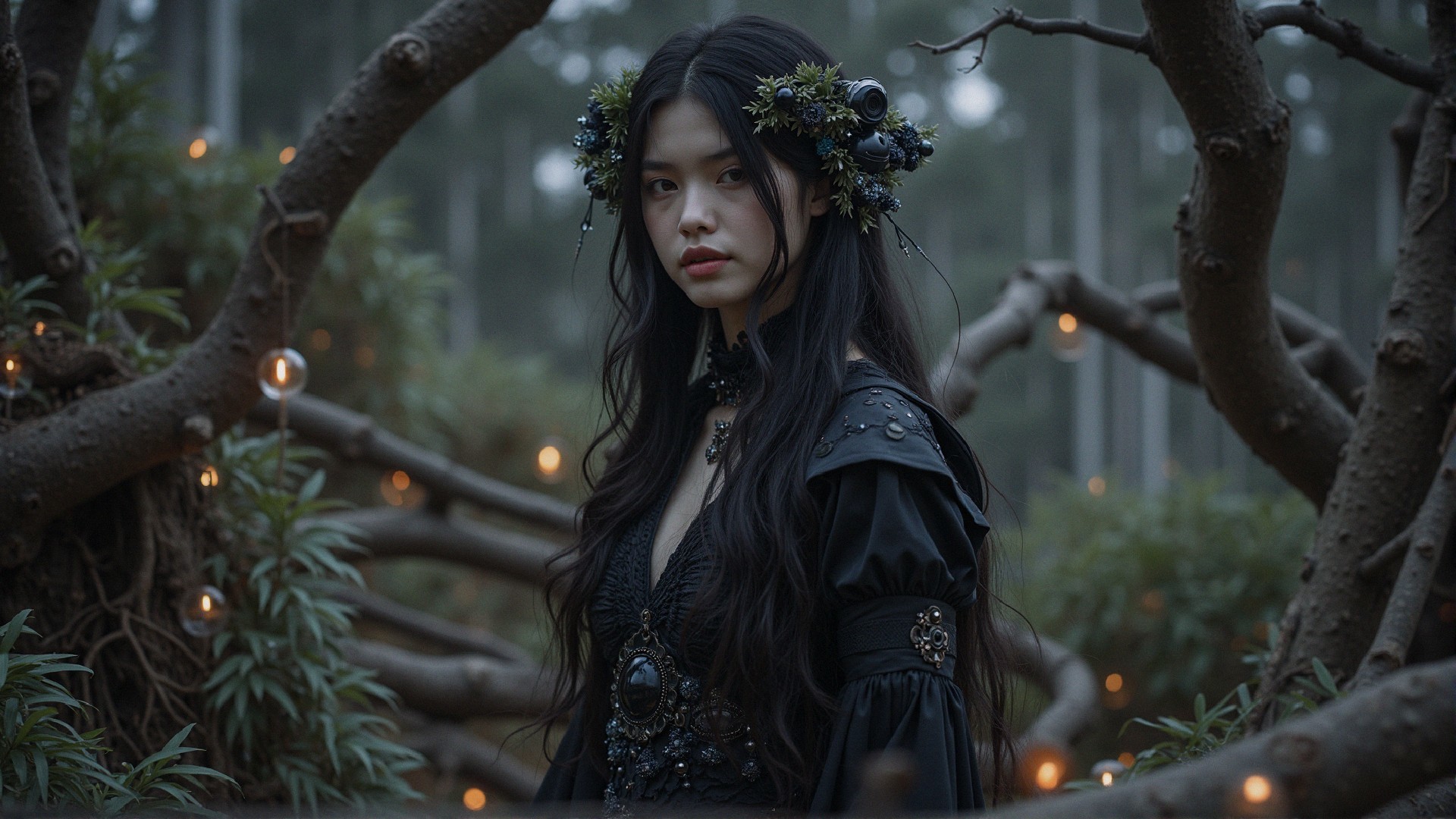 Young woman in ornate dress in mystical forest setting