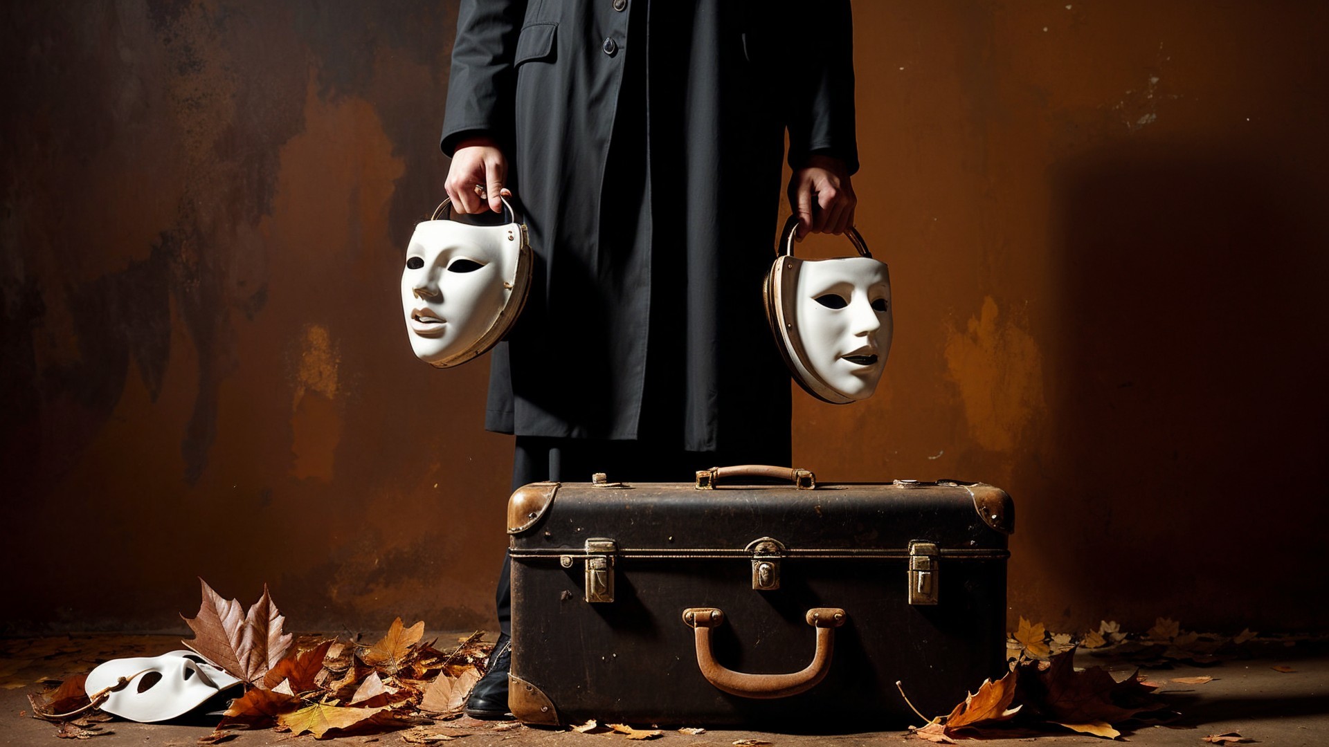 Mysterious Figure and Masks in Autumn Leaves
