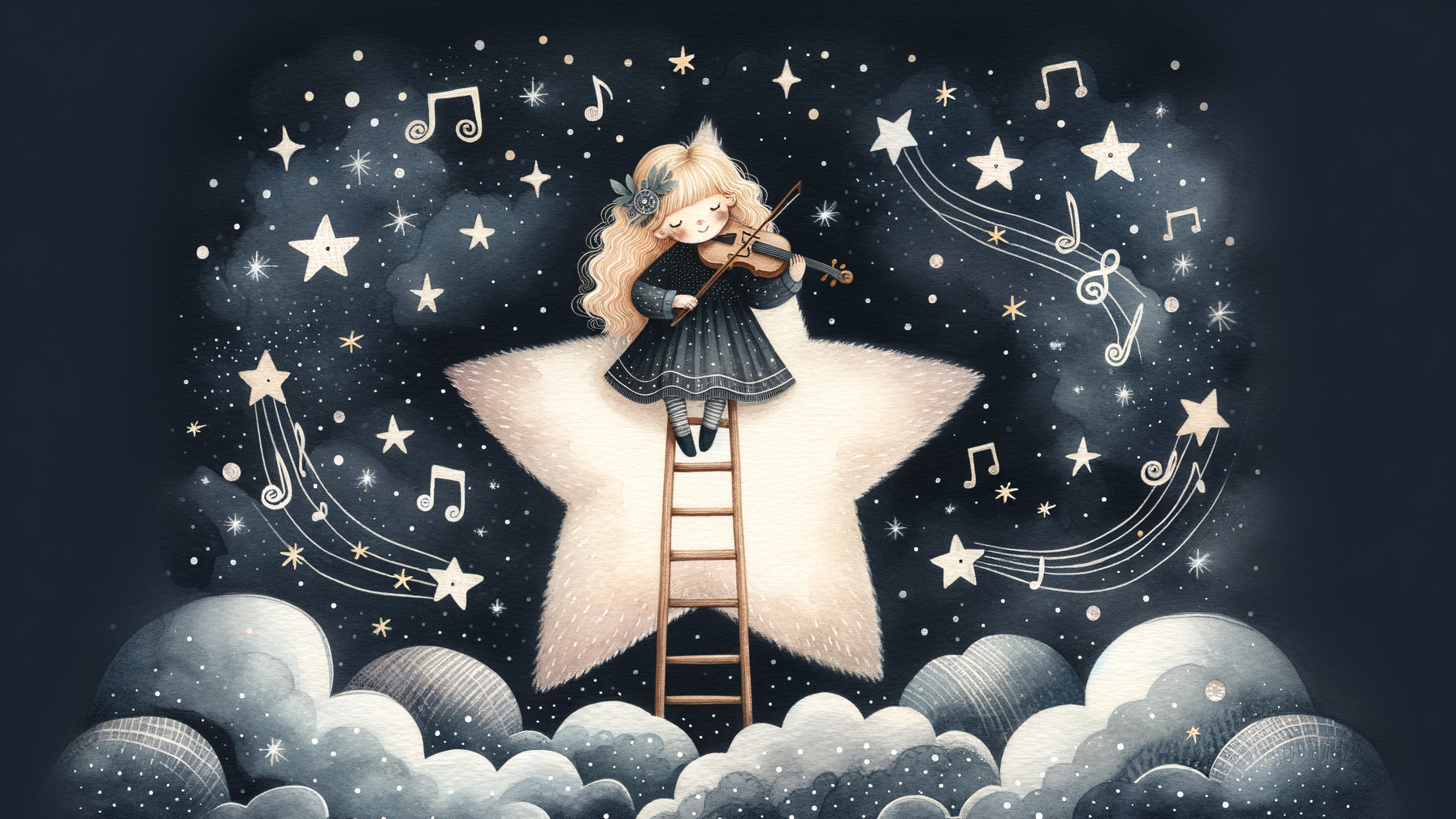 Whimsical Illustration of Girl Playing Violin Among Stars