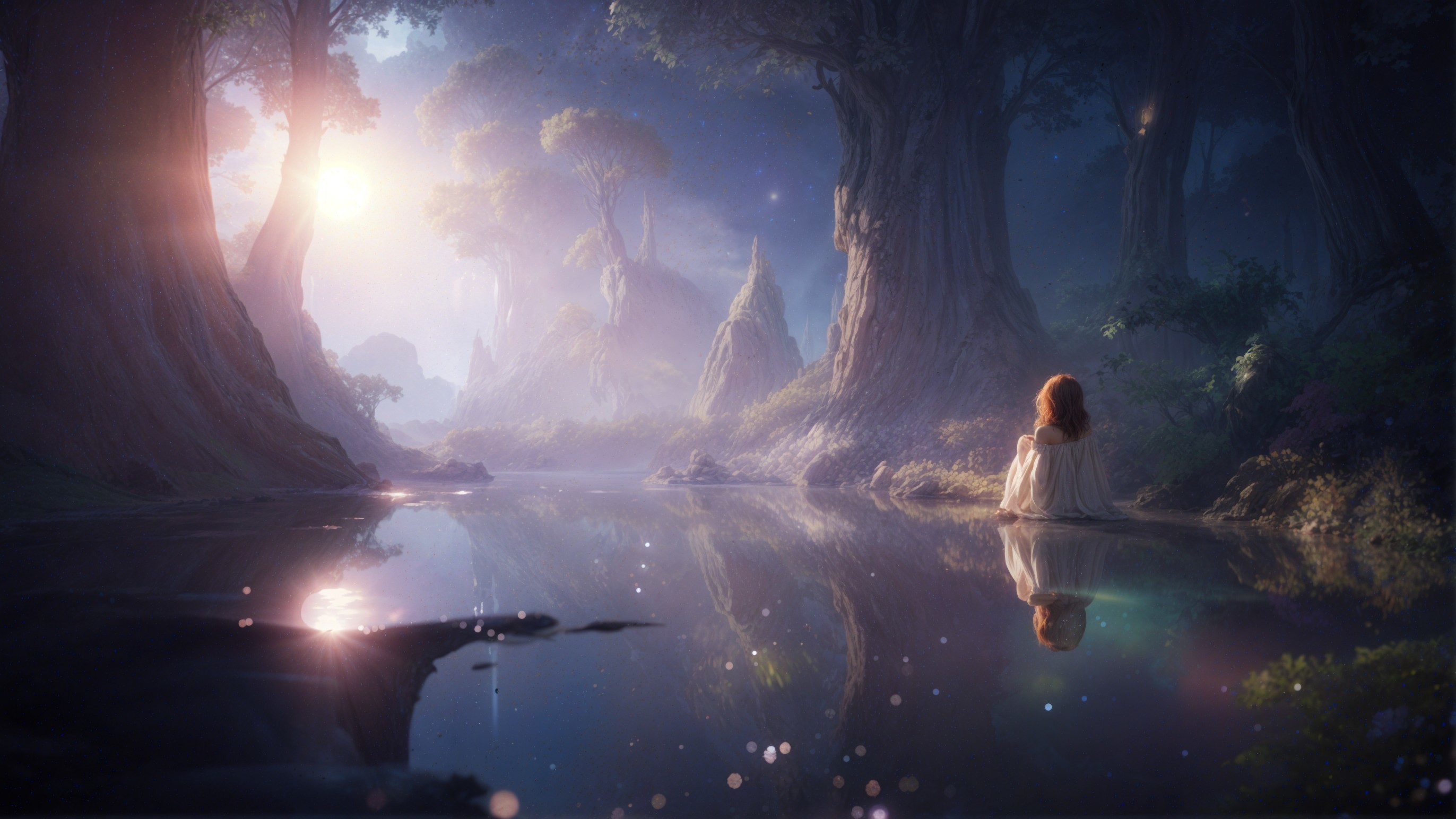 Twilight Scene in an Enchanted Forest with Stream
