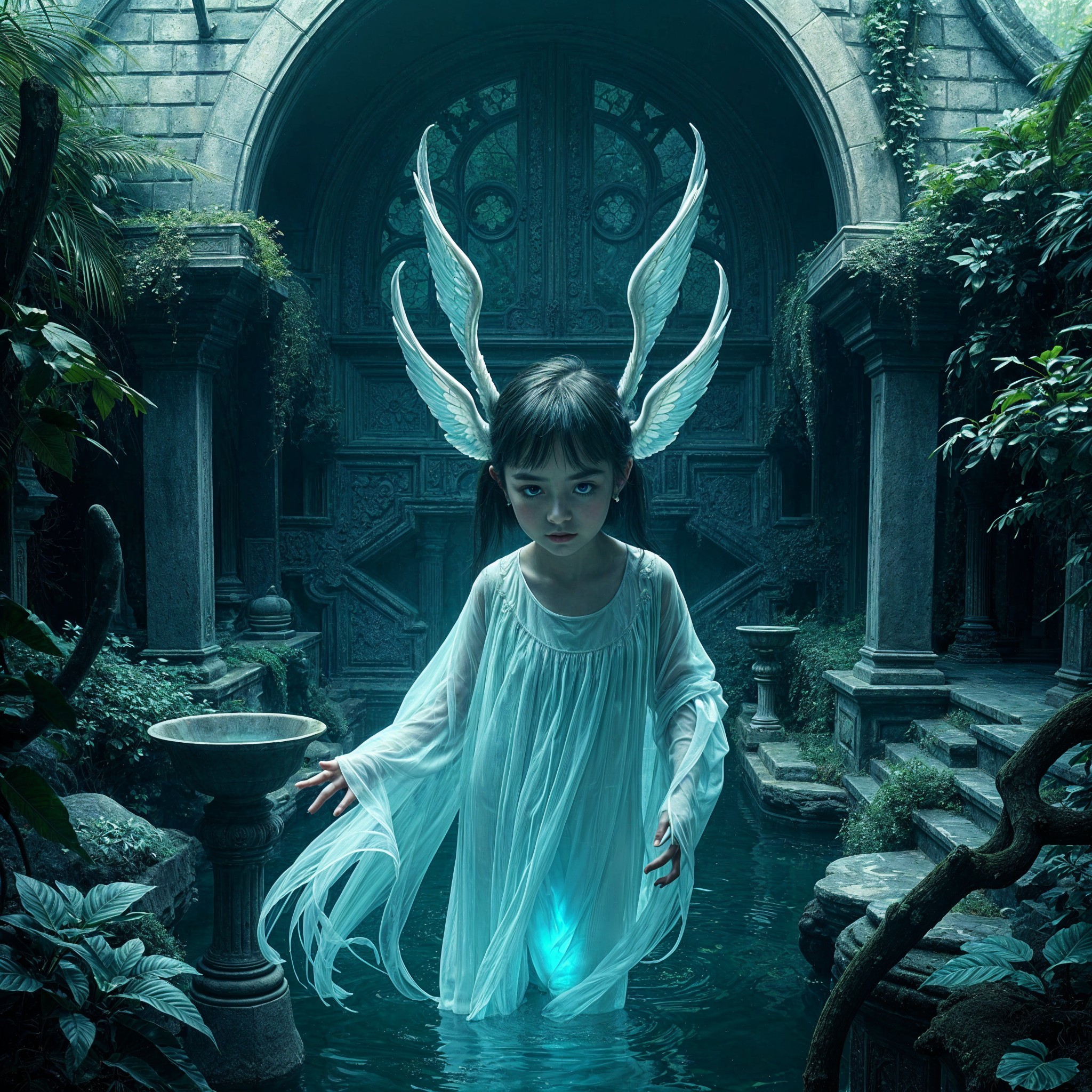 Young girl in ethereal dress by luminescent pool